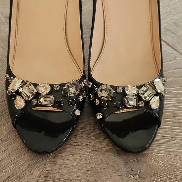 PRADA TAFFETAS JEWEL CRYSTAL PEEPTOE PEWTER PATENT LEATHER PUMPS SIZE 38.5